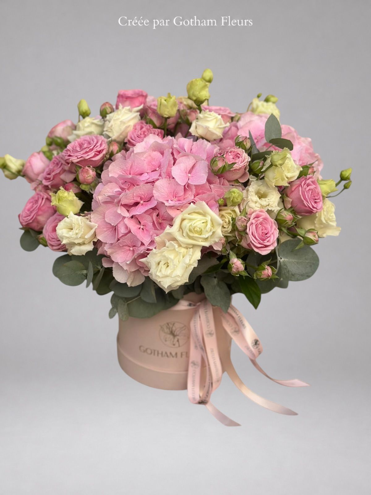 Petite Boîte Florale d’Été – Hortensia Rose & Roses
