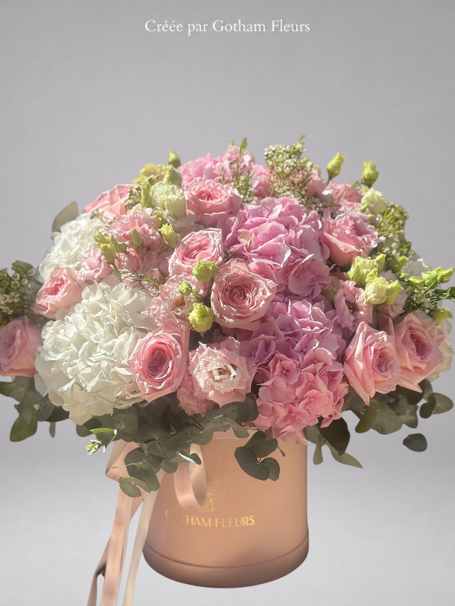 Grande Boîte Rose Poudré – Hortensias, Roses & Lisianthus